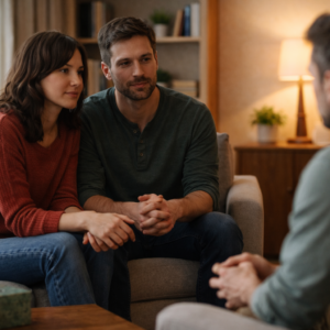 A couple sitting together listening to the therapist